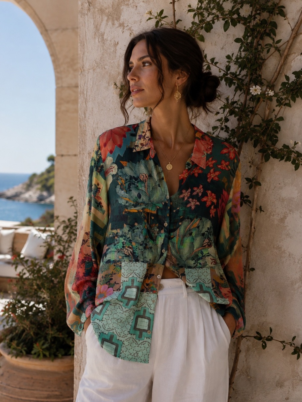 Orientique Button Front Floral Blouse Multicolor Medium Boho Artsy Travel Top